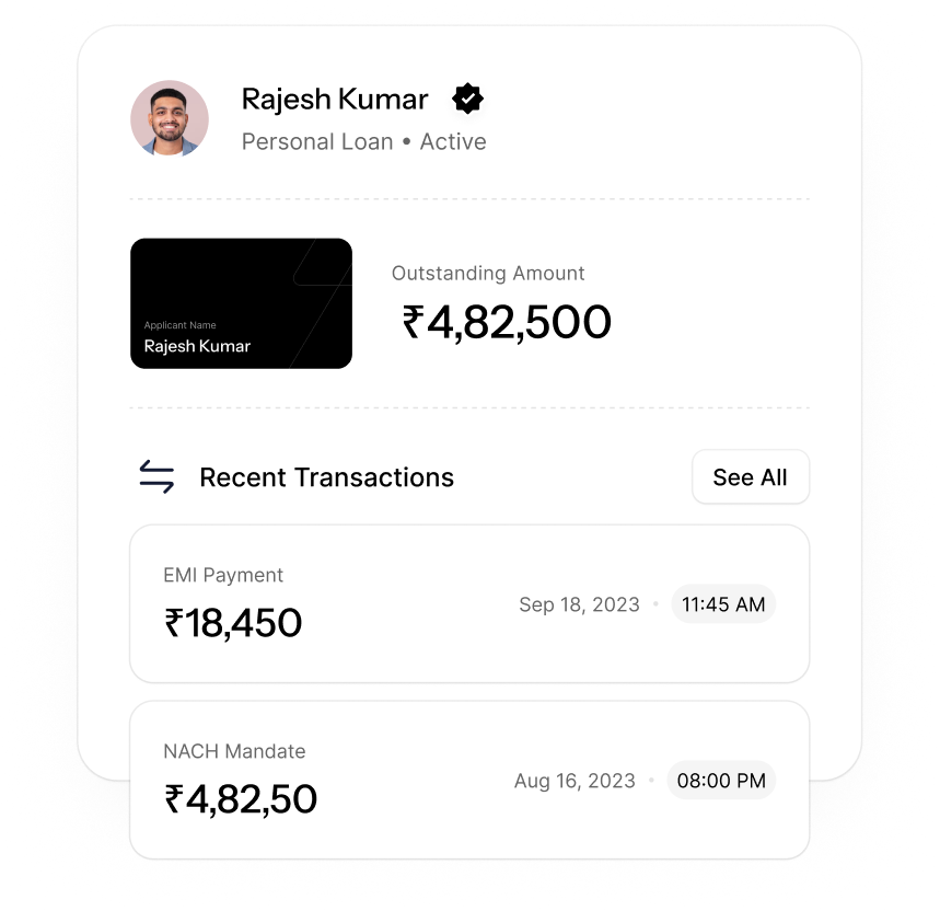 Rajesh Kumar's personal loan: outstanding amount and recent transactions