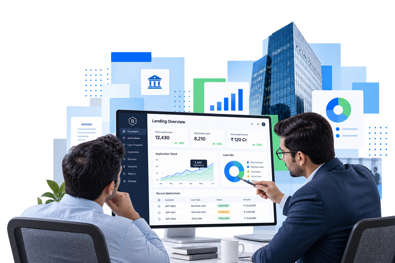 Lending overview dashboard shown to two colleagues